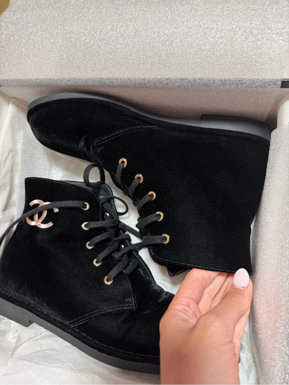 AUTHENTIC Chanel Black Velvet Lace-Up Ankle Short Boots